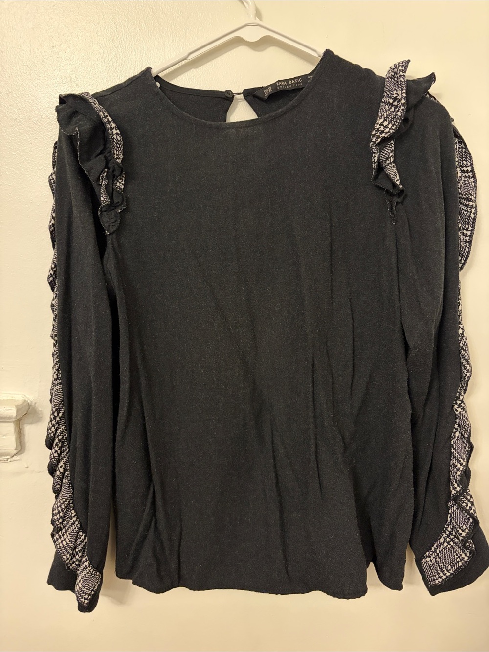 Zara Black Long-Sleeve Top with Printed Ruffle Trim